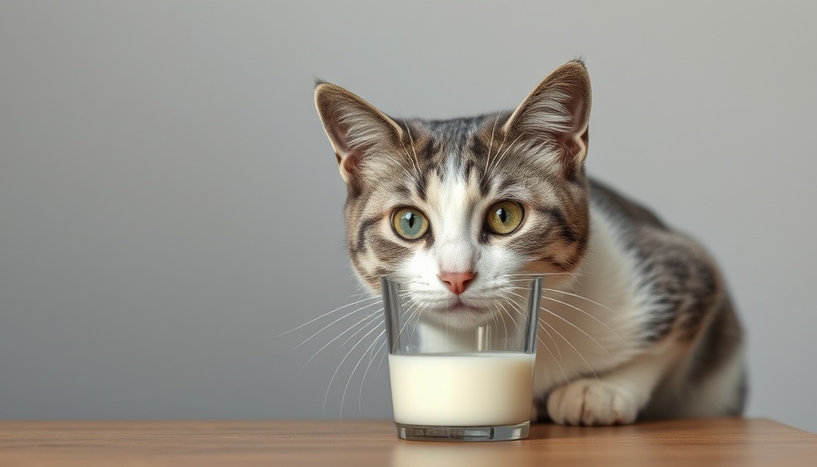 Curious cat considering a glass of milk indoors, exploring nondairy milk for cats.