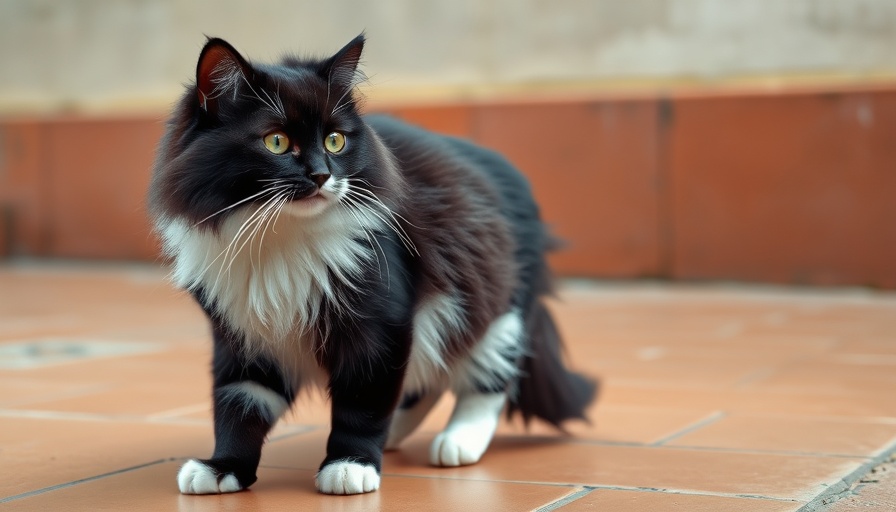 Attentive fluffy cat showing signs of aging on terracotta floor.