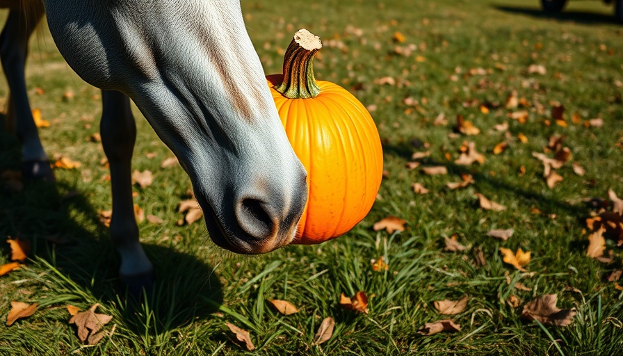 Gray horse nuzzling a pumpkin in a grassy field, can horses eat pumpkin?
