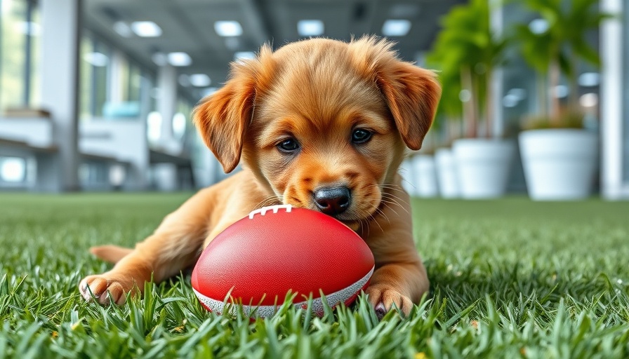 Adorable office dog playing in San Francisco outdoor area.