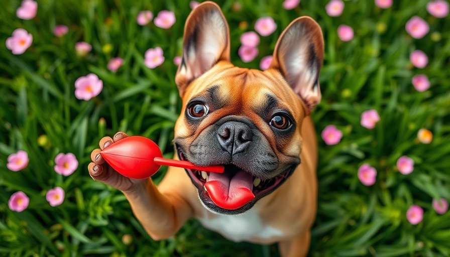 Dogster Photo Contest: French Bulldog posing playfully with a red lips toy.