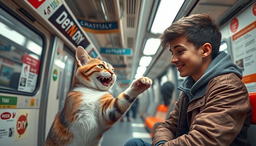 Playful DIY feline subway station scene with cat and man.