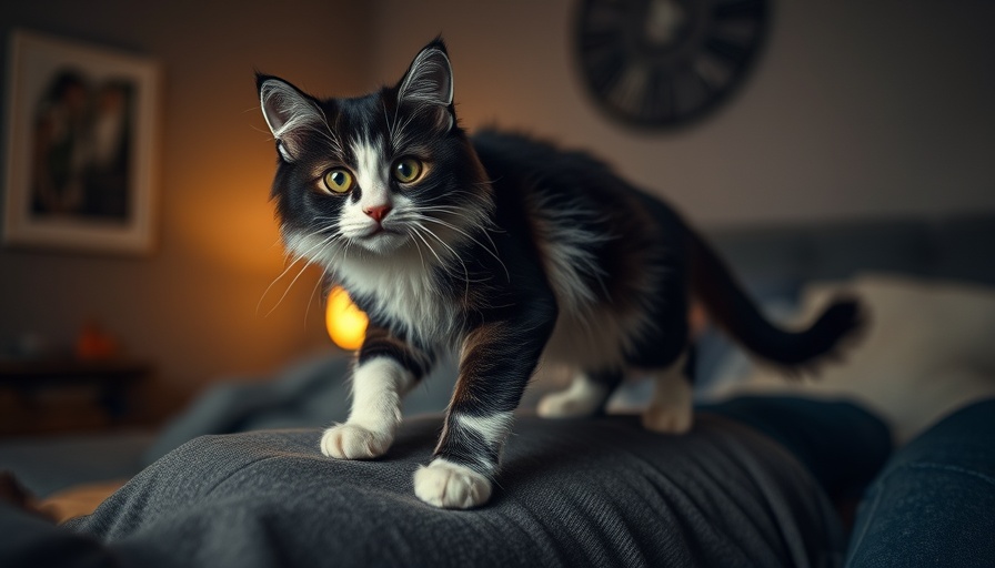 Curious black and white cat walking on person at night, bedroom scene.