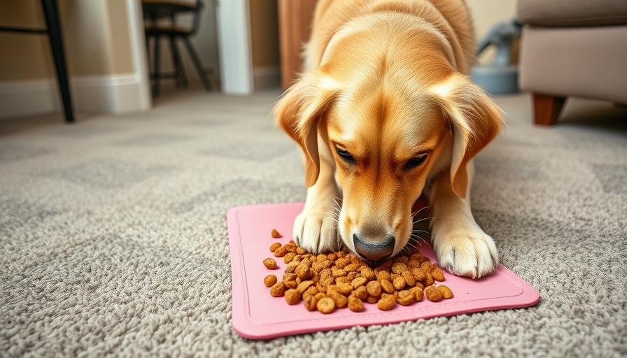 Golden retriever using enrichment mat indoors with natural light.