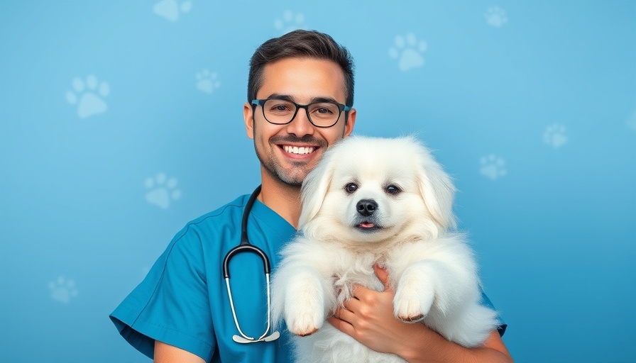 Smiling vet with fluffy dog against blue background.