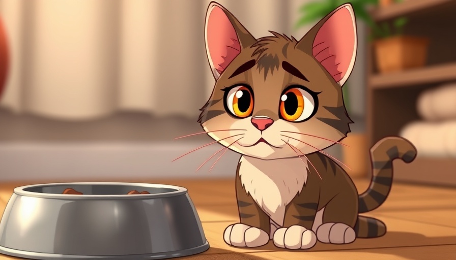 Concerned cat next to food bowl, emotional setting, cartoon style