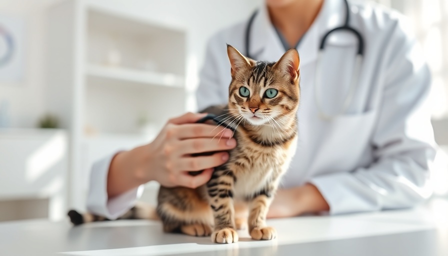 Veterinarian checks tabby cat for upper respiratory infection in clinic.
