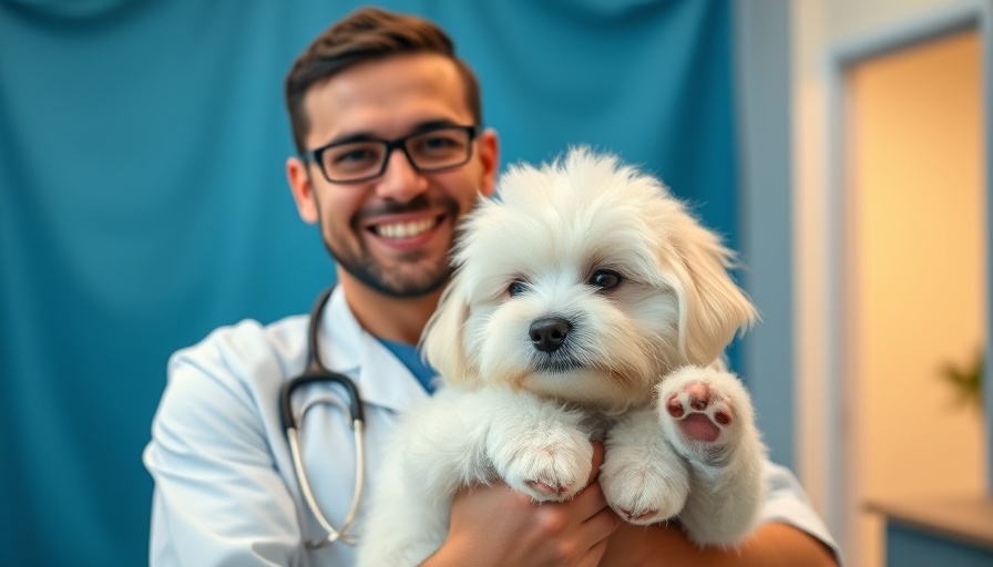 Vet with white dog on blue background discussing canine coat colors.