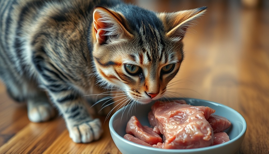 Curious cat examining raw food in a bowl, exploring future of raw food diets for pets.