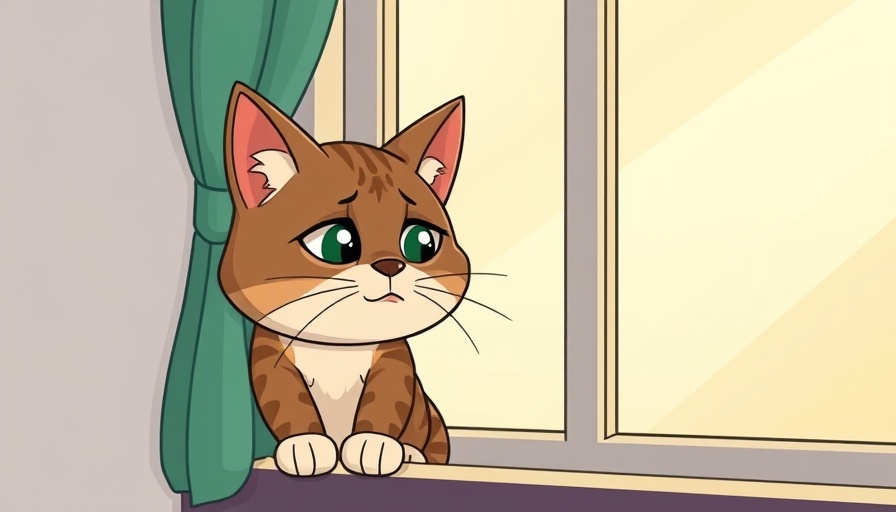 Cartoon sad cat by window illustrating cat care mistakes.
