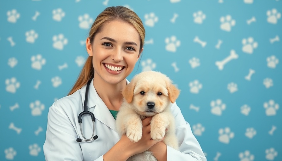 Smiling vet holding puppy on blue background with paw prints.