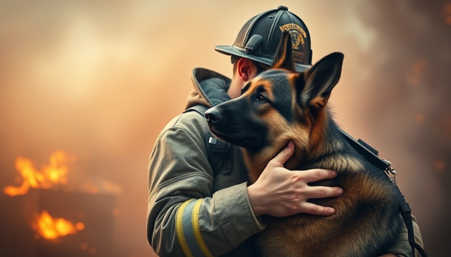 Firefighter with dog amidst smoke, emphasizing fire safety for pets.