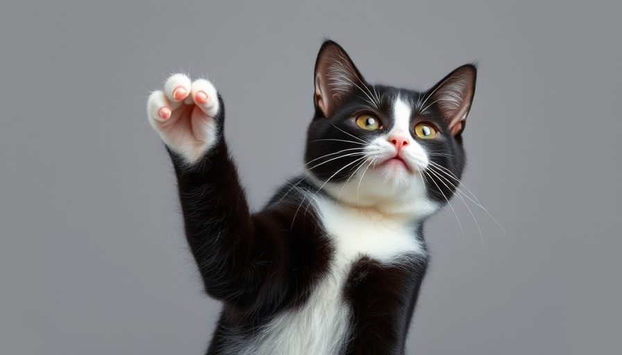 Playful cat raising paw highlights bans on declawing cats.