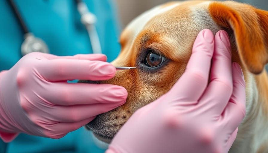 Veterinarian checks dog's eye for conjunctivitis symptoms in clinic.