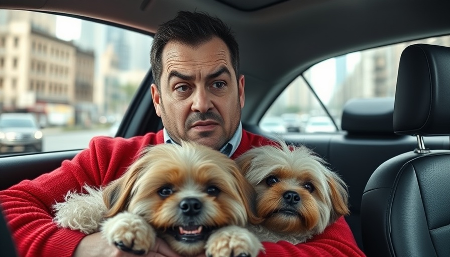 Man in car holding dog with funny disgusted expression, highlighting fresh breath need.