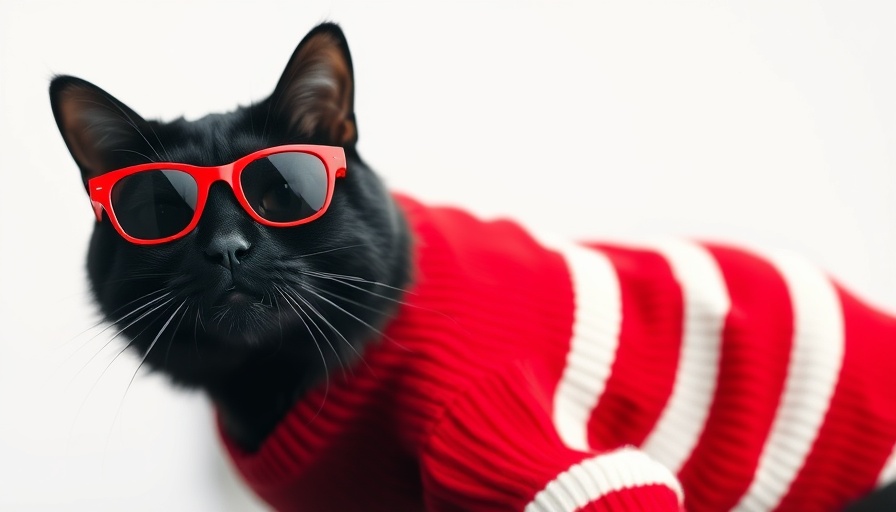 Stylish black cat in red sunglasses and striped sweater, famous black cats in pop culture.