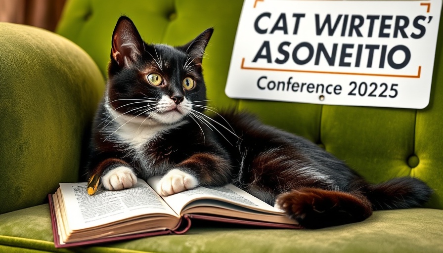 Cat Writers’ Association Conference 2025 promo with tuxedo cat and book.