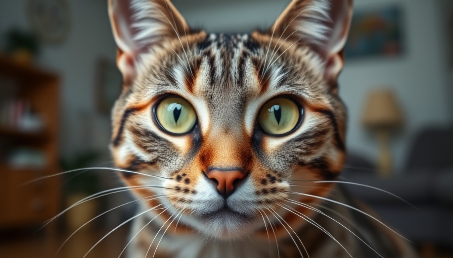 Importance of cat whiskers shown in a close-up of a tabby cat's face.
