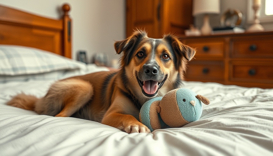 Friendly dog with toy on bed in cozy room, Back to School Essentials for Dogs.