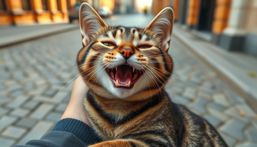 Joyful tabby cat with protective instincts interacting outdoors.