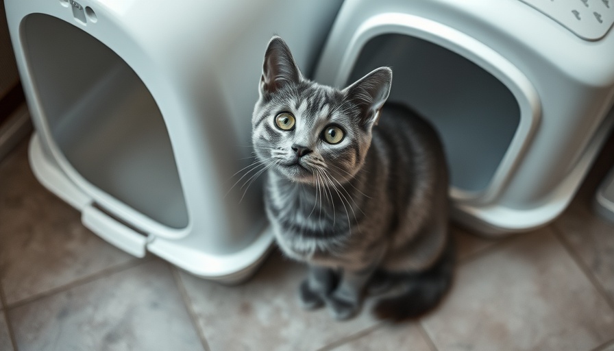 Grey cat beside litter box, potential interest in cat constipation remedies