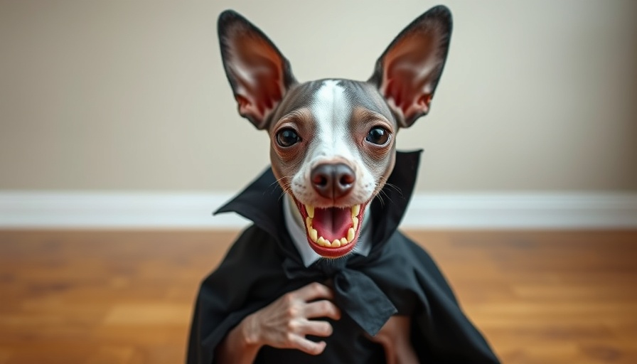 Funny hairless dog with vampire costume and toy for Halloween.
