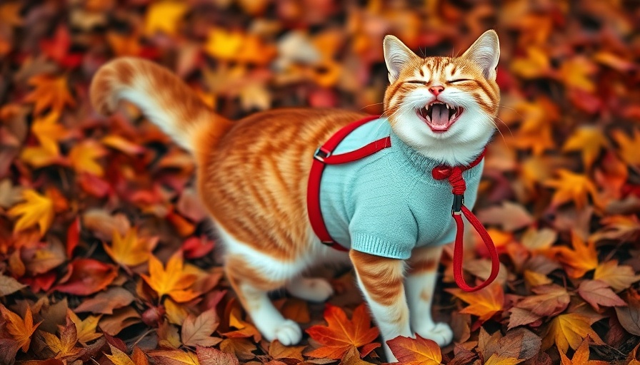 Adventure Cat Leash Training in vibrant autumn leaves.