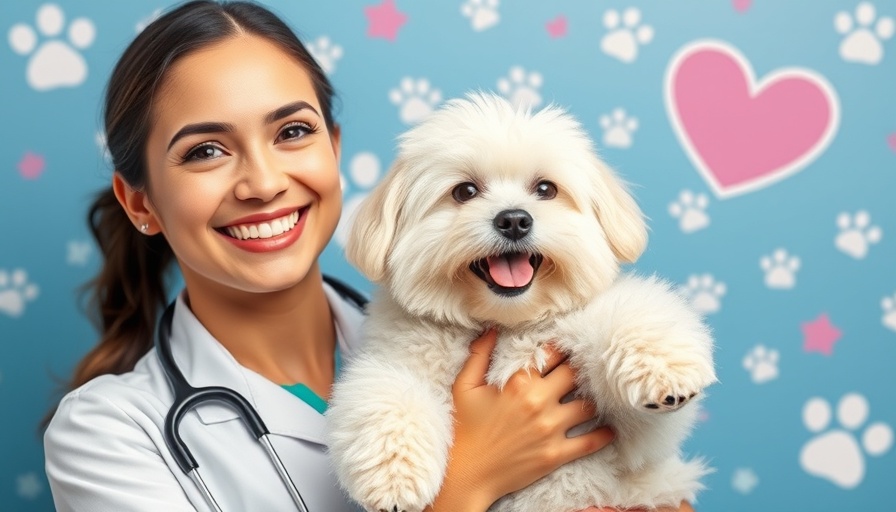 Smiling vet holding white dog on a colorful educational poster about excessive licking in dogs.