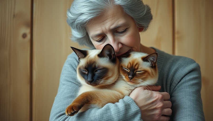 Elderly woman with Siamese cat, serene moment, wood panel backdrop.