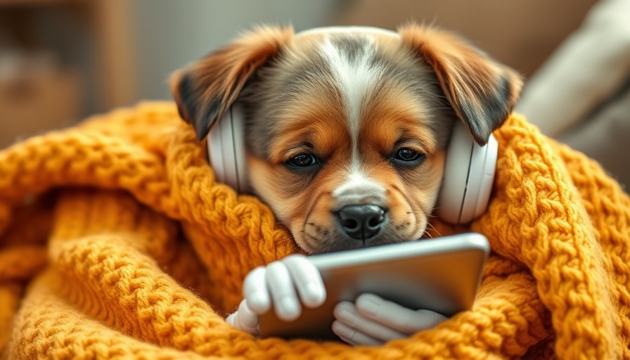 Adorable puppy enjoying groundbreaking album for dogs on headphones.