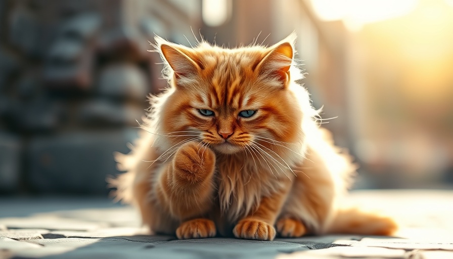 Ginger cat covering nose outdoors, dislikes smells, soft sunlight.