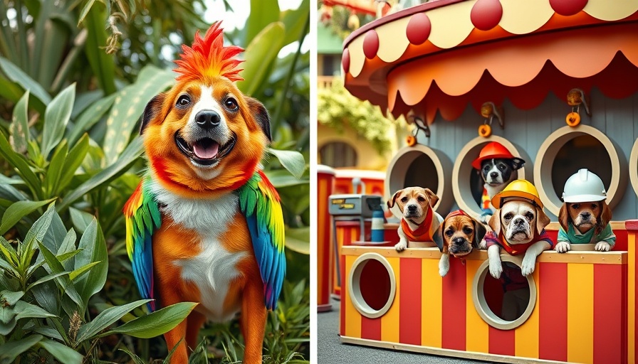 Creative pet Halloween costume ideas 2025: Colorful parrot dog and carnival game dogs.
