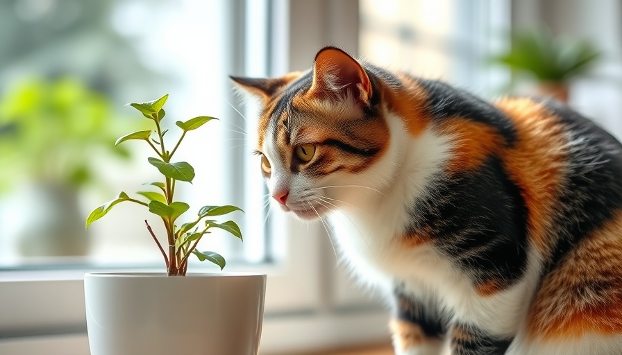 Calico cat with cat-safe houseplant by a window in a cozy home.