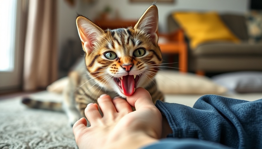 Cat behaviors meaning: Tabby cat licking human foot with humorous expression.