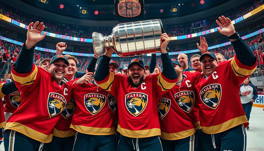 Florida Panthers threepeat bid celebration with Stanley Cup in vibrant arena.