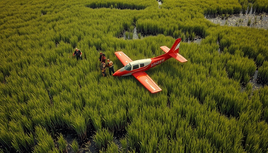 Aerial view of a plane crash in the Everglades, emergency response.