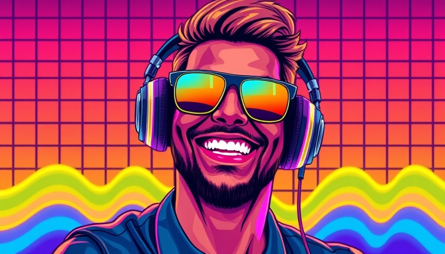 Neon caricature with headphones and shades against retro sunset.