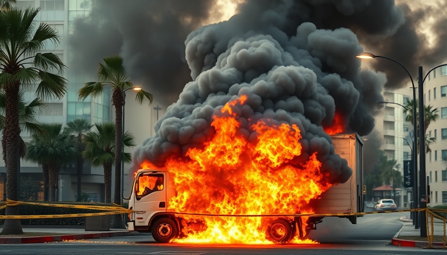 Delivery truck erupts in flames on city street, dramatic smoke rising.