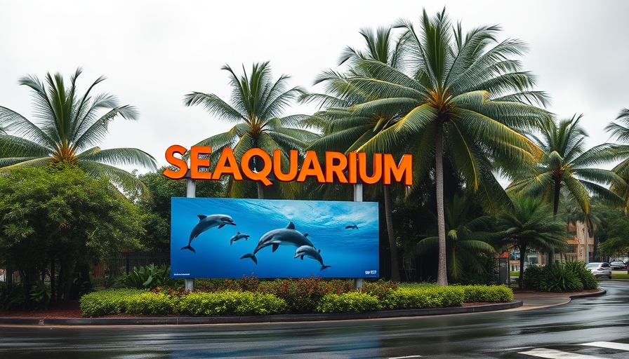 Miami Seaquarium sign on cloudy day amid greenery