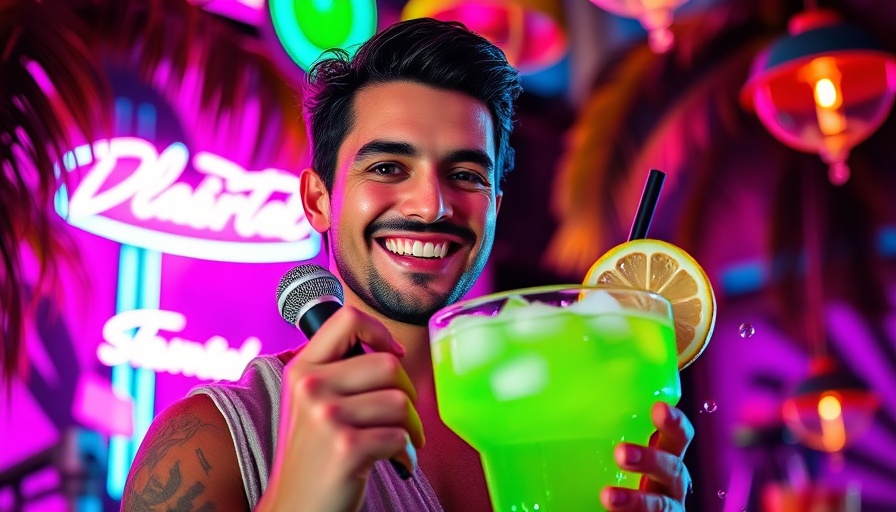 Miami Comedy shows with drink specials theme: Man with margarita and microphone in neon setting.