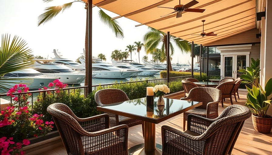 Chic outdoor restaurant in Miami with tropical view.