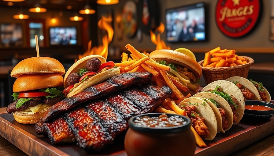 Apocalypse Barbecue Kendall features a hearty platter with burgers, ribs, and tacos.