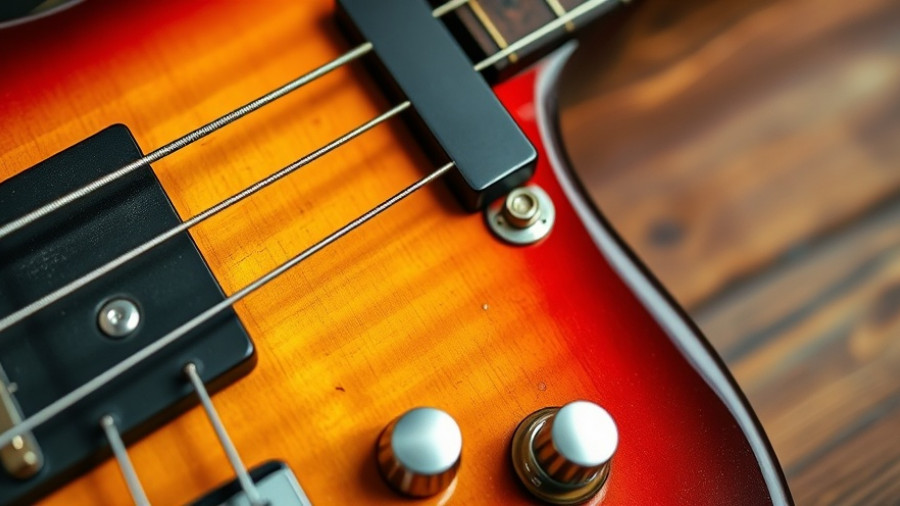 Close-up of a sunburst bass guitar with metallic knobs.