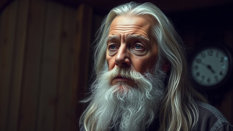 Elderly man appearing worried in a dimly lit room.