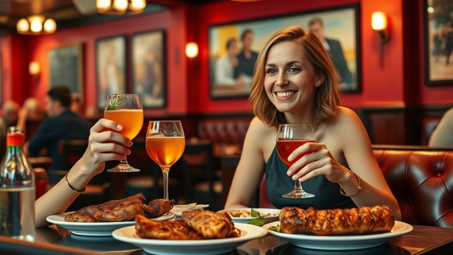 Woman enjoying grilled meats in South Florida restaurant.