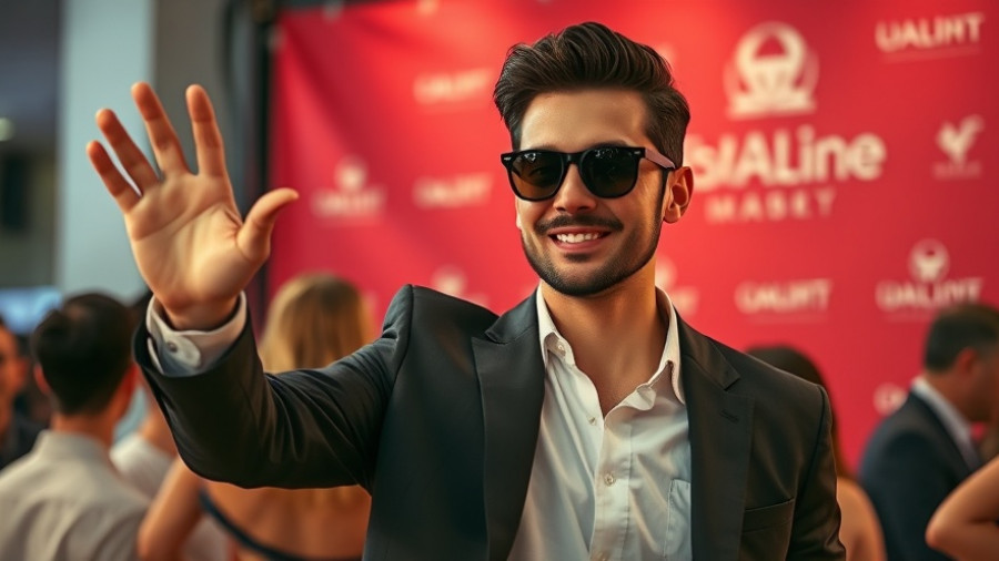 Stylish man waving at Bad Bunny Billboard Afterparty in front of red backdrop.