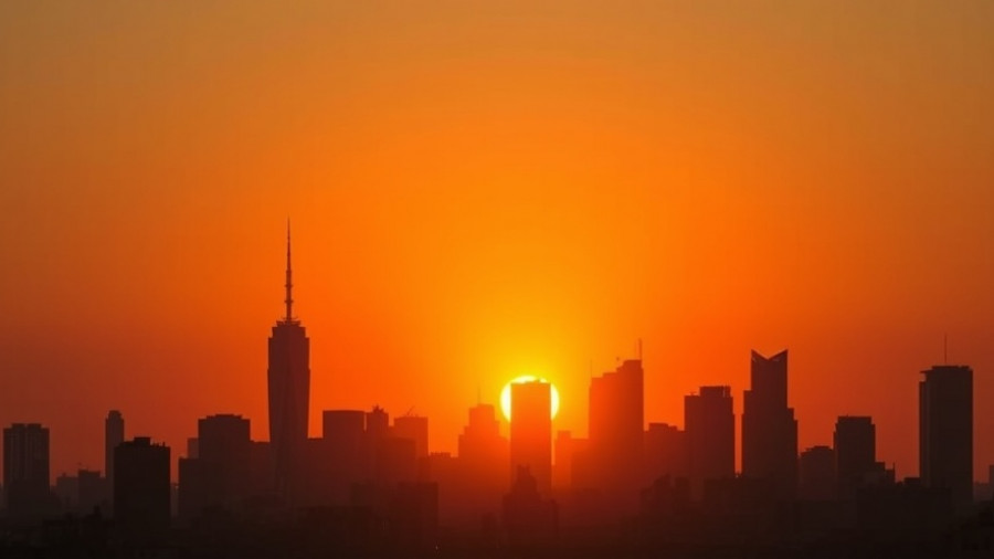 City skyline at sunset in a classic album cover style.