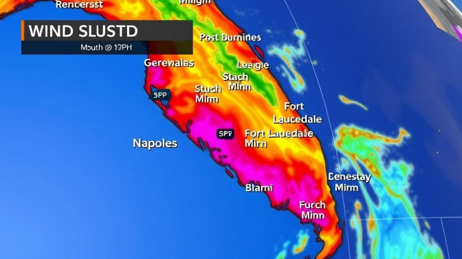 Weekend Weather South Florida: Wind gusts map showing mph levels.