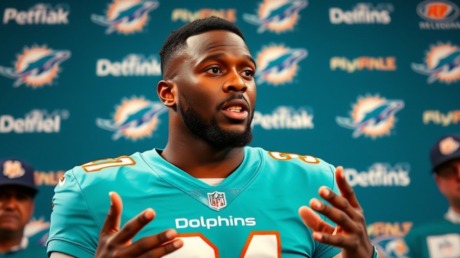 Athlete in Dolphins attire at press conference discussing victory.