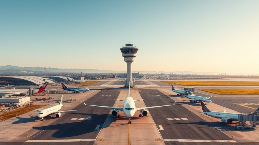 Busy airport with control tower and airplanes showing impact of air traffic controller shutdown.